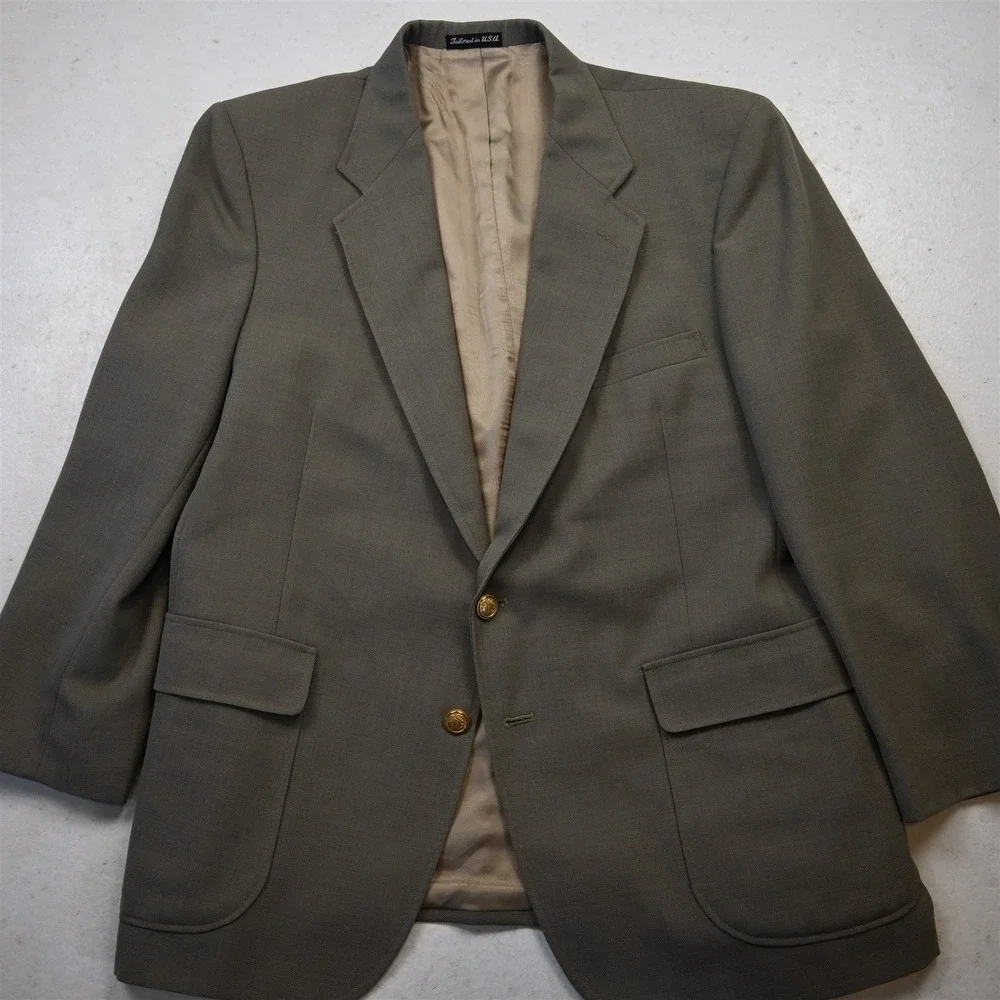 Vtg USA 44S Tan Taupe Gray Hopsack Gold Button Mens Blazer Jacket Sport Coat‎